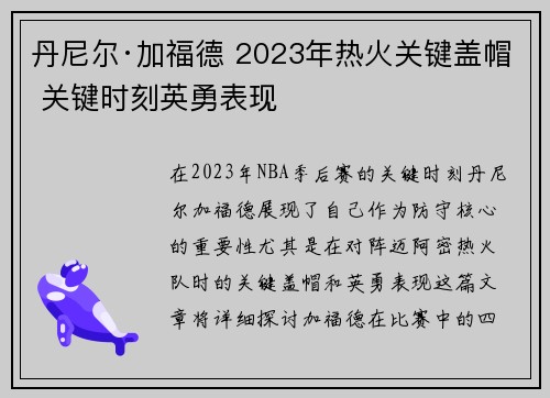 丹尼尔·加福德 2023年热火关键盖帽 关键时刻英勇表现