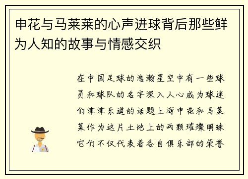 申花与马莱莱的心声进球背后那些鲜为人知的故事与情感交织